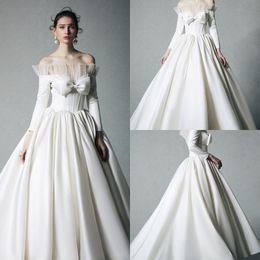 2020 Modest YL Elegant Ball Gown Off Shoulder Long Sleeve Wedding Dresses Satin Ruffles Bow Wedding Gowns Sweep Train Bridal Gowns
