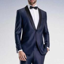 Navy Blue Wedding Tuxedos 2019 Coat Black Shawl Lapel Two Piece Business Men Suits Groom Wear Custom Made (Jacket + Pants)