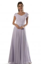 Lilac Long Modest Bridesmaid Dresses With Cap Sleeves Sweetheart Lace Bodice Chiffon A-line Temple Maids Of Honor Dresses DH4264