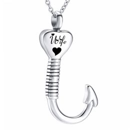 925 Silver Urn Necklace for Ashes Heart Shape Fish Hook Cremation Urn Pendant Fishing in Heaven Keepsake Memorial Jewelry