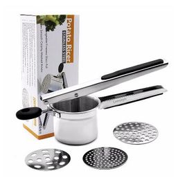 Stainless Steel Potato Ricer with 3 Interchangeable Fineness Discs Silicone Grip Handles Manual Masher for Potatoes Fruits Vegetables