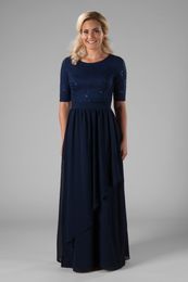 2019 Navy Blue Lace Chiffon Long Modest Bridesmaid Dresses With 1/2 Sleeves Jewel Neck Floor Length Temple Modest Maids of Honor Dress