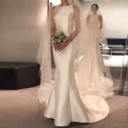 2021 New Arrival Wedding Dresses Satin O-neck Wedding Bridal Gowns Sweep Train vestido de noiva Mermaid Sheer Beach Wedding Guest