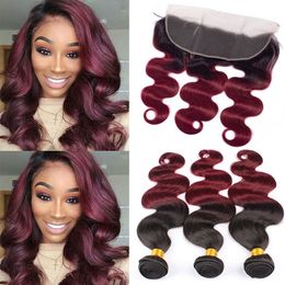 Indian Human Hair Body Wave Bundles With 13X4 Lace Frontal 1B/99j Ombre Hair Extensions 4Pcs One Lot 1B 99J wine red