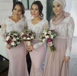 Robe demoiselle d'honneur Long Sleeves Mermaid Pink Muslim Bridesmaid Dresses Lace Applique Arabic Prom Dresses Party Gown