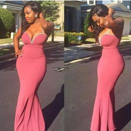 Cheap Sexy Spaghetti Straps Pink Mermaid Prom Dresses Beaded African Black Girls Dress Evening Wear Party Gowns ogstuff Vestidos De Soiree