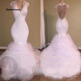 White Sexy V Neck Prom Dresses Mermaid Lace Appliques Beaded Crystal Backless Sweep Train Tulle Puffy Tiered Party Gown