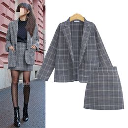 Hodisytian Ins Fashion Women Blazer Sets Slim Fit Plaid Summer Cheque Suit Blazer+Skirts Casual Twinset Skirts Femme Plus Size