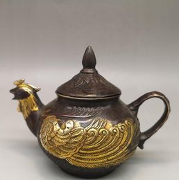Antique crafts antiques golden jinfeng hip flask kettle teapot home furnishings