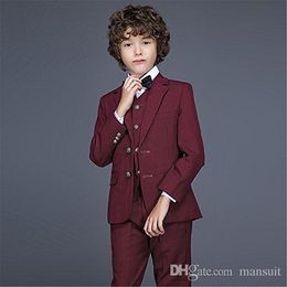 -Suit Boy Notch lapela Custom Made Burgundy Kid casamento Terno / Prom / Jantar / Lazer / mostrar terno Crianças (Jacket + Calças + Vest + shirt + Tie) M1358