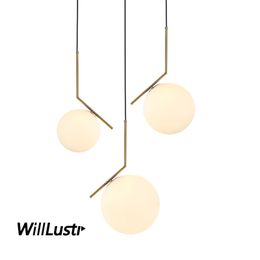 White Glass Ball Pendant Lamp Minimalist Iron Suspension Light Hotel Office Dining Bedroom Modern Luxury Gold Hanging Lighting