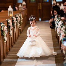 Lovely Lace Flower Girls Dresses Jewel Neck Sheer Long Sleeves Applique Big Bow Birthday Dresses Girls Pageant Gowns With Button B241H