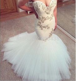 Arabian Design Sweetheart Wedding Dresses Lace Appliqued Crystal Beaded Sweep Train Mermaid Wedding Bridal Gowns Custom Made