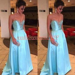 Charming Sweetheart Sky Blue Arabic Evening Dresses With Beads Top Satin A-Line Robe De Soiree Prom Gown Plus Size Formal Party Formal