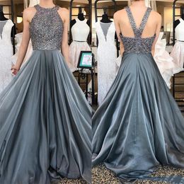 New Grey African Prom Dress Long 2019 High Neck Beaded Top Zipper A Line Floor Length Formal Evening Gown Homecoming Cocktail Party Wear