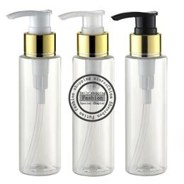 Free shipping,30pcs,100ml Transparent bright gold foil flat shoulder screw pump bottle,cosmetics packaging,refillable bottles