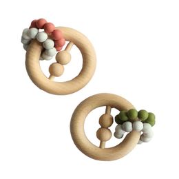 INS Baby Natural Wooden Ring Teethers for Baby Health Care Accessories Infant Fingers Exercise Toys Colourful Silicon Beaded Soother