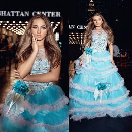 New Blue Tull Flower Girls Dresses Ball Gown 3d Flowers Full Beaded Tiered Party Princess Dresses Girls' Pageant Dress