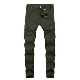 Fashion- Mens Jeans Army Green Pockets Mens Straight Jeans With Zipper Fashion Male Apparel