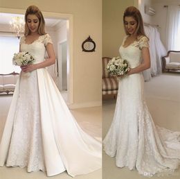 Generous Short New Sleeves A Line Wedding Dresses Tulle Lace Applique Sheer Back Bridal Gowns With Detachable Overskirts Vestidos De Noiva pplique