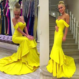 Bright Yellow Mermaid Prom Dresses Sexy Off Shoulder Tiered Evening Gowns Sweep Train Formal Party Dress Cheap Formal Wear