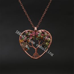 10Pcs Perfectly Twisted Handmade Copper Wire Natural 7 Chakra Rainbow Crystal Chips Beaded Branch Tree of Life Heart Charm Pendant Necklace