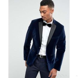New Stylish Design Groom Tuxedos Two Button Navy Blue Velvet Notch Lapel Groomsmen Best Man Suit Mens Wedding Suits (Jacket+Pants+Tie) 940