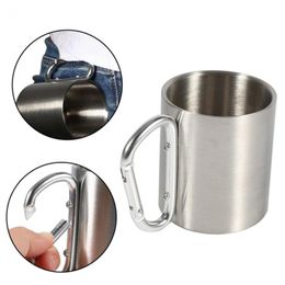 Portable Outdoor Tableware Coffee Mug Stainless Steel Water Mug with Self-lock Carabiner Handle Tea Cup Camping Equipment 220ml 300ml 350ml