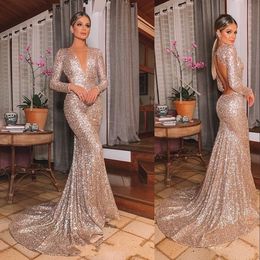 Sexy Rose Gold Mermaid Sequined Prom Dresses V Neck Long Sleeves Floor Length Backless Sequins Formal Evening Dress Wear Party Gowns Custom