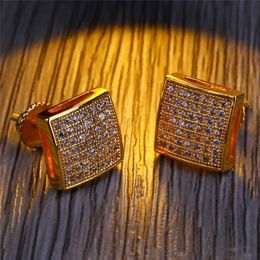 Hip Hop Full Diamonds Ear Studs for Men Geometry CZ Gold Plated Stud Earrings Real Gold Plated Copper Jewellery