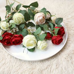 10Pcs/lot 3 Heads Rose Artificial Silk Flowers Wedding Flower Wall Background Home Decoration Fake Rose Bud Flores Wreath