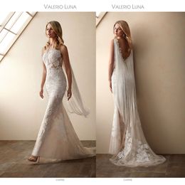 Sexy Valerio Luna Mermaid Wedding Dresses Jewel Sleeveless Backless Tassel Sequins Lace Applique Wedding Gown Floor Length robe de mariée