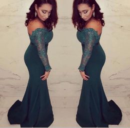 2019 Lace Evening Dresses Long Sleeves African Mermaid Formal Prom Gowns Arabic Drak Green Plus Size Mother Of The Bride Dresses