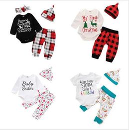 Kids Designer Clothes Boys Christmas Plaid Clothing Sets Floral Letter Printed Rompers Pants Hat Headband Long Sleeve Tops Pants Suits C6609