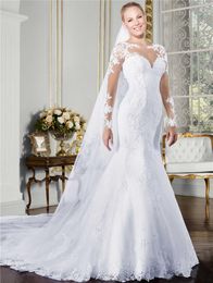 Mermaid Wedding Dress Sheer O-neck Long Sleeve See Through Illusion Back White Beach Bridal Gowns with Lace Appliques225o