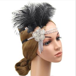 Bride dance banquet headdress retro diamond forehead trim with black feather fringed Headband