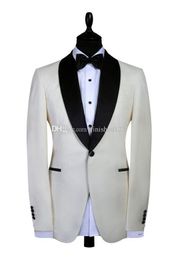 Popular Handsome One Button Ivory Wedding Groom Tuxedos Shawl Lapel Groomsmen Men Suits Prom Blazer (Jacket+Pants+Tie) NO:1861