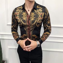 Wiosna jesień męskie złote koszule luksusowe barokowe koszule Camisa Slim Fit czarny złoty męski projektant