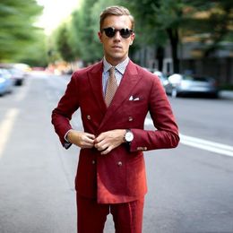 New Stylish Design Groom Tuxedos Double Breasted red Linen Peak Lapel Groomsmen Best Man Suit Mens Wedding Suits (Jacket+Pants+Tie) 773