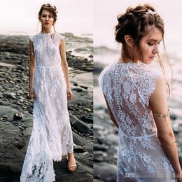2018 Vintage Full Lace Beach Wedding Dresses Ankle Length Jewel Neck Covered Buttons with Train Bohomian Wedding Gowns Custom Made