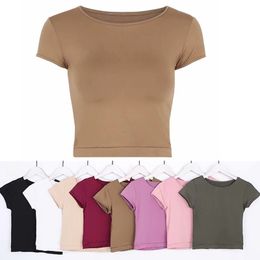 Women Cropped Tank Tops Multicolors Summer Casual Solid Colour Cap Sleeves Round Neck High Stretch Blouse Blank Tee Women's Base Shirts