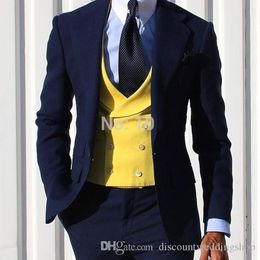 Latest Design Navy Blue Groom Tuxedos Notch Lapel Men Wedding Party Dress 3 pieces Suits (Jacket+Pants+Vest+Tie) K45