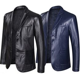 Leather Blazer Jacket For Men Fashion Loose Lapel Leather Suit Plus Size Black Blue231C