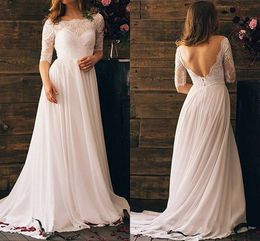2019 Beach Wedding Dresses With Sleeves Bateau V Open Back Lace Chiffon Wedding Guest Dress Bridal Gowns Wedding Dress Custom Made