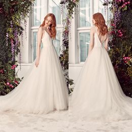 Simple A Line Rita Vinieris Bohemian Dresses Spaghetti Sleeveless Ruched Tulle Lace Wedding Gowns Sweep Train robe de mariée