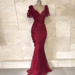 Charming Mermaid Beaded Evening Dresses V Neck Short Sleeves Prom Gowns Floor Length 3D Appliqued Formal Dress 407