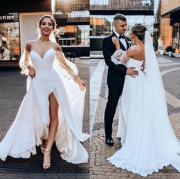 Beach A Line Wedding Dresses Off Shoulder Long Sleeve Appliques Birdal Gowns Sexy Side Split Backless Robes