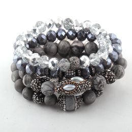 Fashion Beautiful 5pc set Gray/White/Black Bracelet Set Natural Stone & Glass Crystal Pave Bracelets