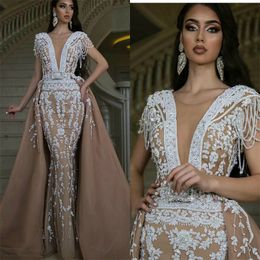 Luxury Mermaid Wedding Dresses With Detachable Train Jewel Appliqued Lace Beaded Crystal Bridal Gown Champagne Sweep Train Vestidos De Novia