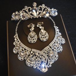 Drop Shape Diamond Crown Three Pieces Set Neckalce Ladies Jewelry Diamond Crowns Bride Wedding Accessories (Crown + Necklace + Earrings)